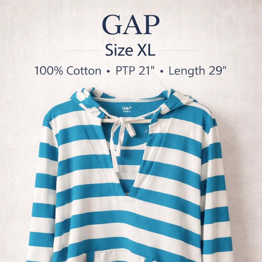 GAP Blue White Striped Hoodie XL 100% Cotton Pullover Kangaroo Pocket